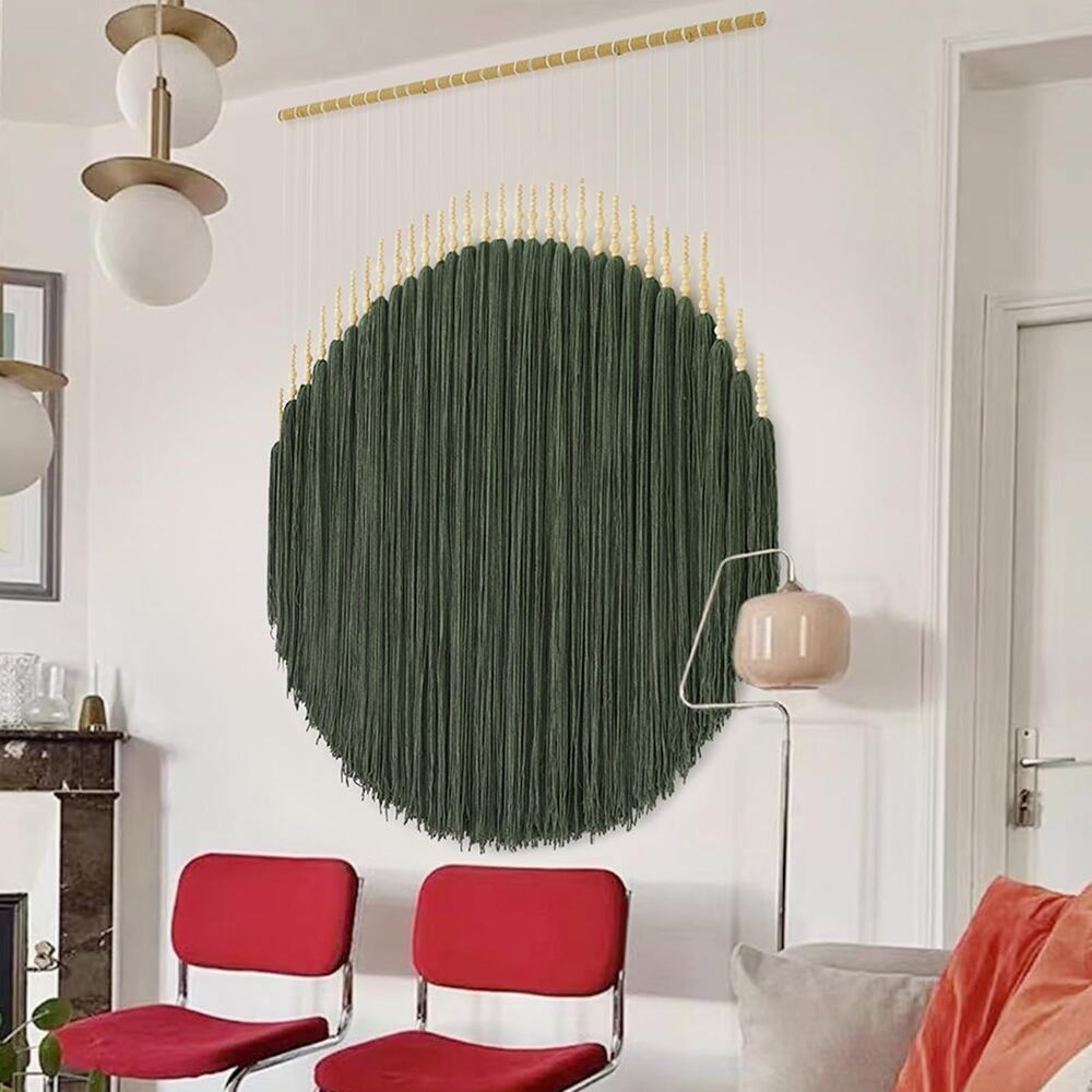 Macrame Wall Hanging Round Dark Green Gold Woven Boho Geometric Home Decor